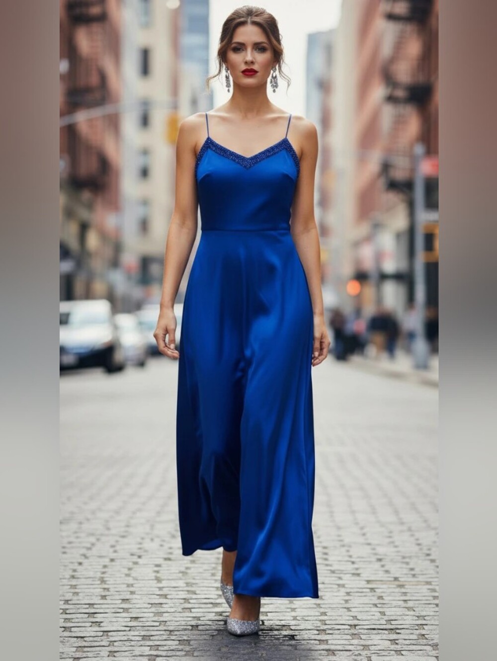 J.R. Nites By Caliendo Elegant Royal Blue Satin Spaghetti-Strap Dress Size16